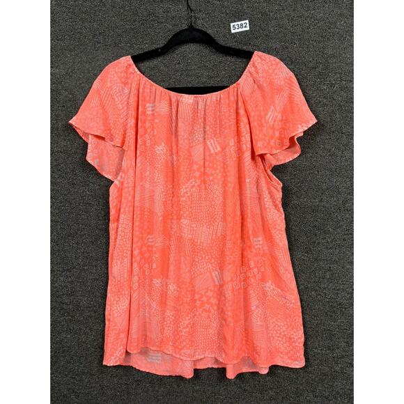 Torrid Doodle Print Georgette Ruffle Blouse Womens Size 2 (2X) Neon Coral - Picture 2 of 6